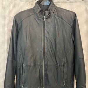 Jos. A. Bank Black Leather Zip-Front Bomber Jacket